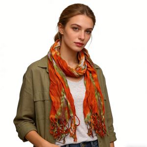 Foulard léger orange-rouge motif floral audacieux