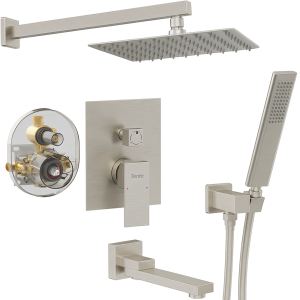 Robinet baignoire douche pluie, nickel brossé, 3 fonctions