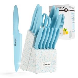 Ensemble 14 couteaux cuisine bloc, acier inoxydable, bleu