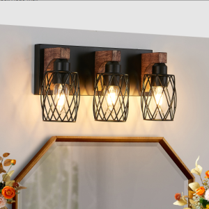 Applique murale industrielle 18" 3 lumières cage noir, accents bois