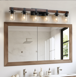 Applique salle bain 42" rustique 6 lumières, bois, sans ampoules