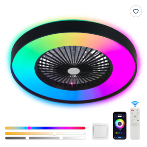 Ventilateur plafond 23po noir LED RGB WiFi dimmable télécommande 6 vit