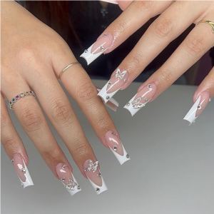24 PCS Papillons Diamant Ongles Artificiels Longs Carrés