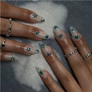 24 ongles artificiels étoile verte long