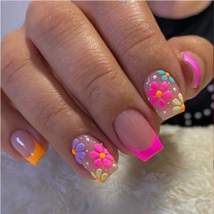 24 ongles adhésifs court carré français fleurs