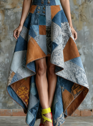 Vintage Distressed Denim Printed Asymmetric High-waist Flared Skirt