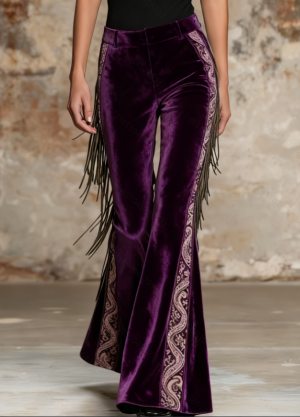 Pantalon rétro taille haute motif paisley pampilles