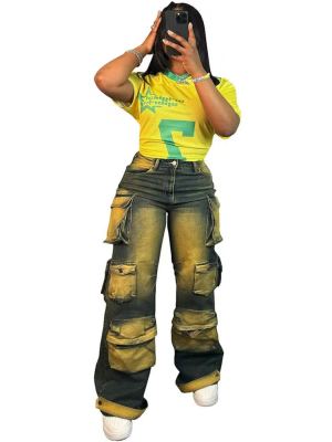 Jean casual poches multiples style vintage femme