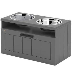 Bols surélevés grandes races, support acier inox, tiroir rangement, jaune