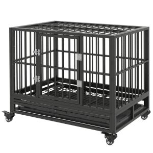 Cage chien métal robuste roulettes verrouillables, gris