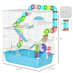 Cage hamster tubes tunnels poignées 5 étages roue exercice bleu
