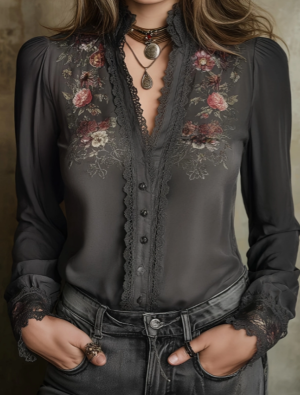 Chemise dentelle gothic rétro col V femme