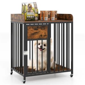 Cage chien 2-en-1 meuble tubes métal roulettes verrouillables