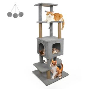 Tour chat 64" gris clair 3 balles jute anti-basculement