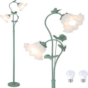 Lampadaire floral salon, 2 ampoules LED 5W, vert