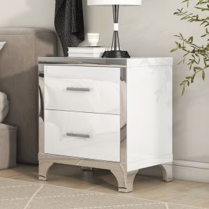 Table de nuit blanc brillant avec poignée métal, 2 tiroirs