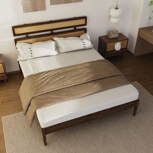 Tête de lit rotin double bohème, bois pin, noyer foncé, Queen