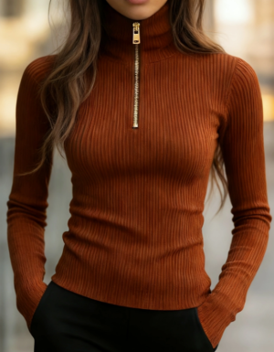 Chandail tricot col montant fermé femme rétro américain