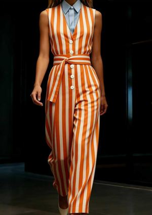 Combinaison femme col V rétro boutonnée jambes larges