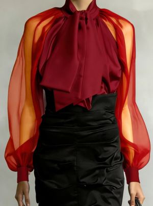 Chemise femme rétro col évasé manches bouffantes ample