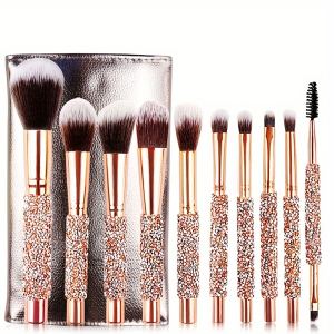 Ensemble Pinceaux Maquillage 10 pcs, Poignée Diamant, Cristal