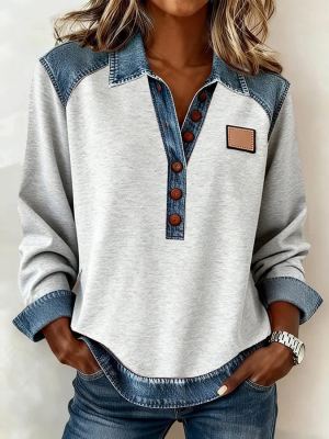 Chemise patchwork denim casual manches longues