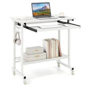 Bureau informatique blanc tablette clavier roulettes verrouillables