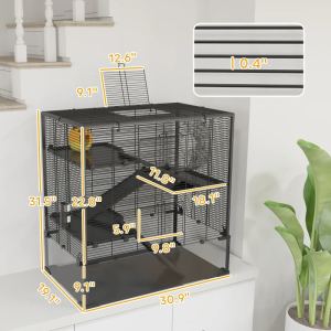 Cage hamster 4 niveaux, verre trempé, roue, cabane, eau nourriture