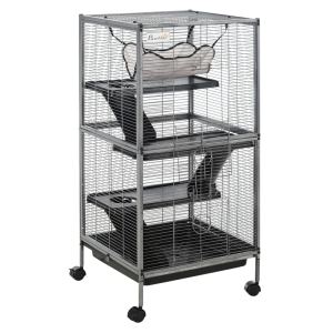 Cage Petit Animal Métal Roulettes 4 Étages Gris Harnais