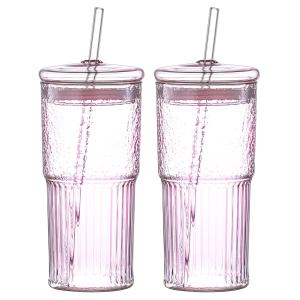 Tasse verre 20 oz rose 2 pack paille graduée