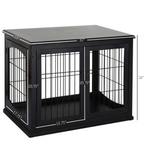 Cage chien meuble 32 po petite, table, 2 portes, noir