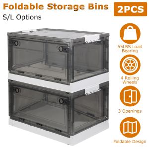Ens. 2 bacs rangement pliable, roulettes, portes doubles