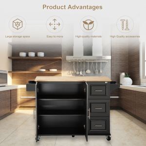 Îlot cuisine mobile, bois, étagères ajustables, design luxe