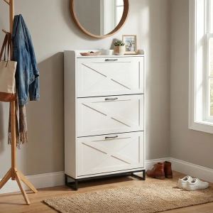 Meuble portes grange 3 tiroirs, meuble chaussures blanc 80x24x145cm