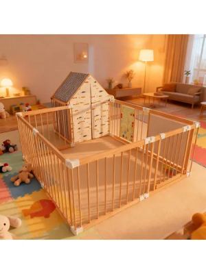 Parc bébé bois naturel 10 panneaux pliable, porte, jouets intégrés
