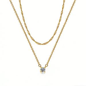 Collier solitaire diamant femme, or 14K plaqué, cubique zircone carrée