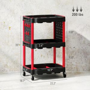 Chariot outils 3 étages 200 lb plastique noir rouge