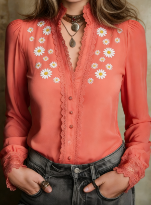 Chemise dentelle gothic rétro col V femme