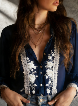Chemise Femme Dentelle Floral Rétro Style Français