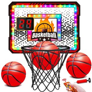 Panier basketball intérieur LED 6 couleurs, télécommande, 3 balles