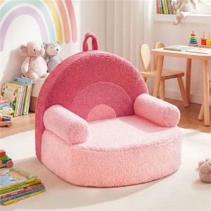 Pink Kids Sofa, Soft Teddy Fleece Foam Couch With Carry Handle & Removable Machine-Washable Cover