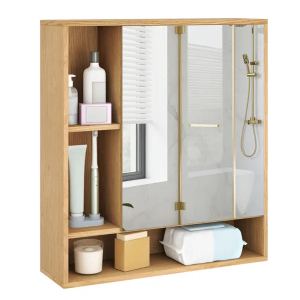 Armoire salle bain 2 en 1 miroir, naturel, rangement caché