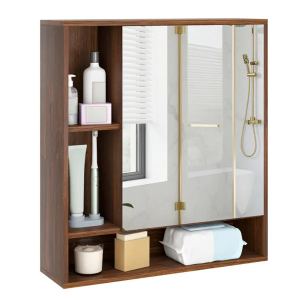 Armoire salle bain 2 en 1 miroir, noyer, rangement caché