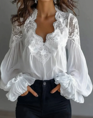 Chemise femme dentelle manches bouffantes plissée