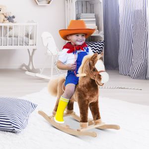 Cheval à bascule en peluche, base bois, jouet à chevaucher