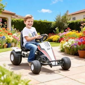 Go-kart pédale enfant style course, siège ajustable blanc