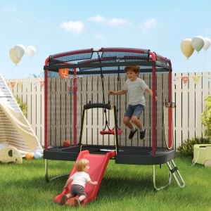 Trampoline 4x6pi enfants, glissière, balançoire, filet sécu