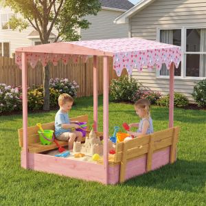 Bac à sable bois couvert flamant rose 3-6 ans avec auvent