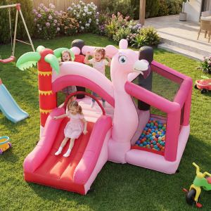 Château gonflable piscine balles panier basketball rose
