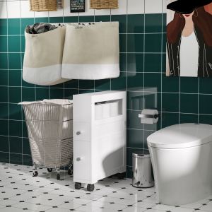 Meuble rangement salle bain bois roulettes, blanc, 28,25"H